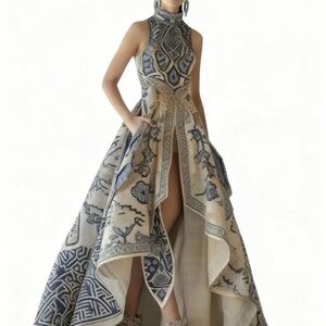 High-Neck High-Low Embroidered Gown in Ivory and Navy